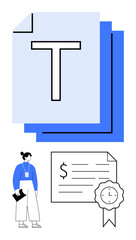 Businesswoman holding files beside large text documents and a certified financial contract with a dollar symbol and clock stamp. Ideal for business, finance, documentation, certification, contracts