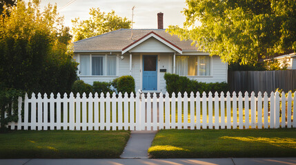 A 1950s suburban home with a classic white picket fence.