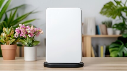 Blank White Sign Mockup on Wooden Table with Plants