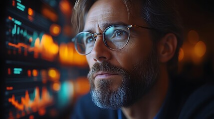 Focused man analyzes data on screen.