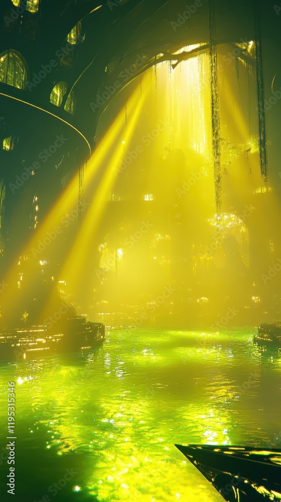 Poster luminous lime-green and yellow glow fills a mystical underground cavern with shimmering waters and e
