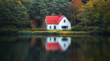 Obraz premium Charming house with red roof by lake surrounded by lush forest in autumn season