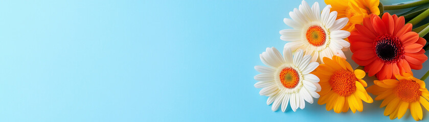 Colorful bouquet of flowers against a soft blue background, highlighting nature's beauty.