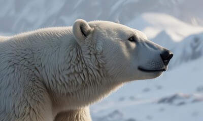 Fototapeta premium Polar bear in profile, silhouetted against snowy mountain range, arctic, mountains, snow