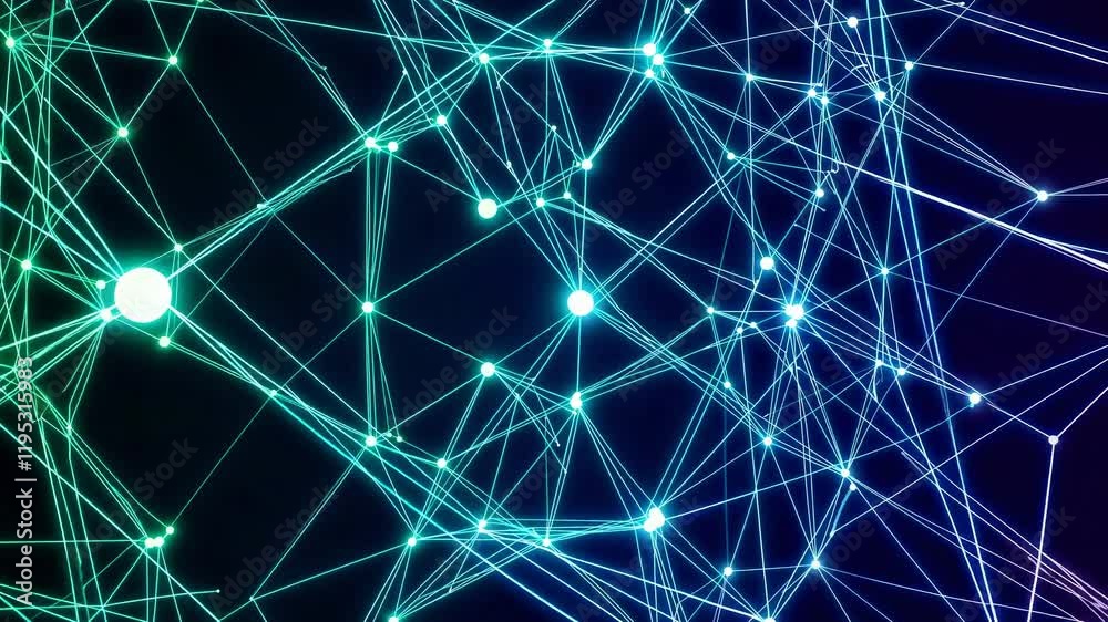 Poster glowing nodes are connecting with lines, creating a dynamic plexus network that represents data flow