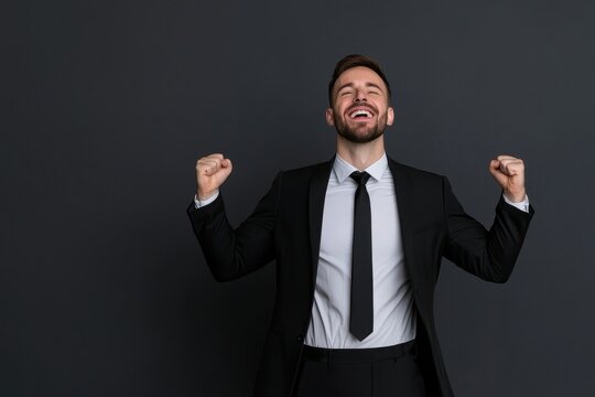 Businessman Celebrating Success with Smiles and Raised Fists in Suit