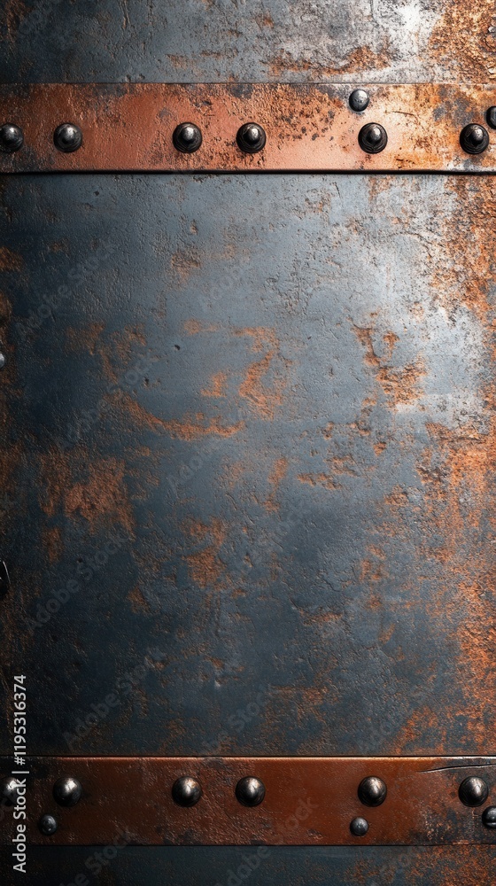 Poster distressed metal background with rust and rivets creating an industrial appearance