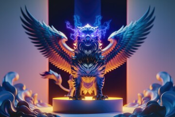 Fototapeta premium A majestic griffin, wings spread wide, bathed in ethereal blue lightning, stands majestically.