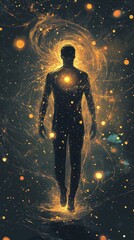 Fototapeta premium Conceptual representation of a glowing man surrounded by cosmic elements in a dark, infinite space