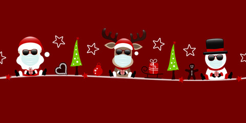 Banner Weihnachtsmann Rentier Und Schneemann Maske Mit Sonnenbrille Icons Dunkelrot