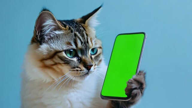 4k video of a cat holding a green screen phone mockup.