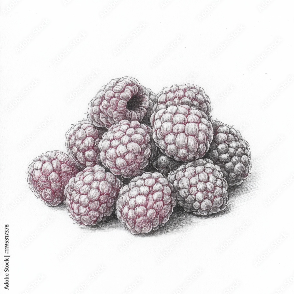 Poster Cluster of plump raspberries resting on a clean surface, showcasing their natural bumpy texture and vibrant color