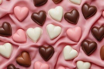 Fototapeta premium Heart-shaped chocolates lying on pink silk fabric for Valentine's Day