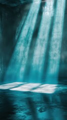 Cinematic teal light beams illuminate a dark space with tranquil water reflections during a serene moment