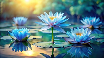 Obraz premium Pastel blue water lily pond with floating lotus flowers and a few green stems , botanical