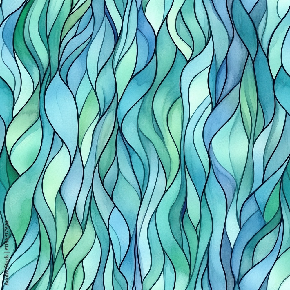Poster calming watercolor doodle artwork with flowing patterns of blues and greens creating a serene atmosp