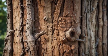 Naklejka premium Rough wooden tree trunk with knots and imperfections , brown tone, wooden planks, forest floor