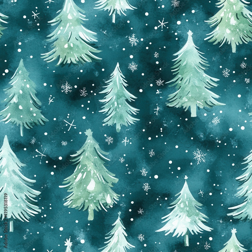 Poster calming watercolor doodle of pine trees and snowflakes creating a serene winter atmosphere