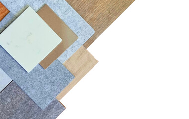 collection of various material samples arranged in a visually appealing composition, including wood tiles, stone tiles isolated on background with clipping path. materials with blank space for design.