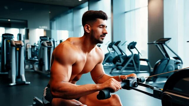 Muscular man exercising on a rowing machine in a gym.