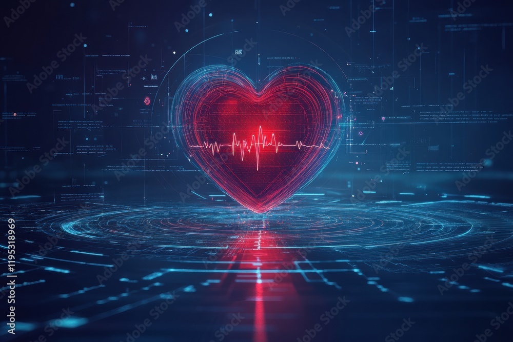 Fototapete Glowing red heart with dynamic cardiogram reflecting heart health and vitality in a digital environment. Generative AI