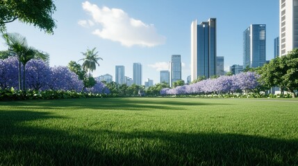 Obraz premium Vibrant urban park with blooming flowers and skyscrapers in background.