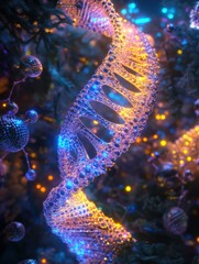 Obraz premium Glowing DNA double helix with molecular connections in a vibrant scientific illustration. Generative AI
