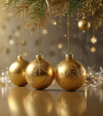 Snowflakes gently falling on gold ornaments in a serene isolated environment ,  holiday decor, ,  winter