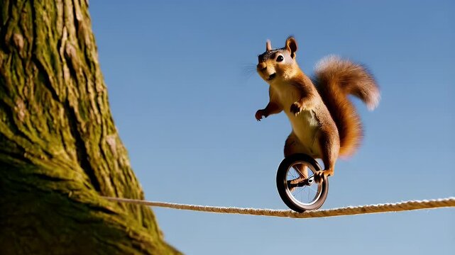 Squirrel performs acrobatic tricks on a tightrope in a sunny park setting