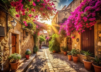 Sun-Drenched Sicilian Alleyway: Ancient Stone, Lush Shadows, Mediterranean Charm