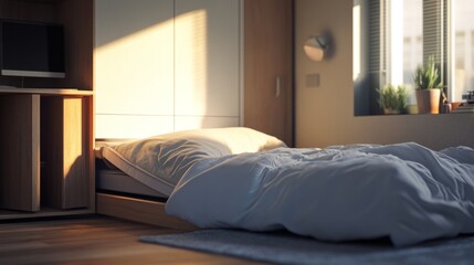Warm sunlight illuminating modern minimalist bedroom in the morning