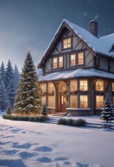 Fototapeta premium Snowy winter scene with Christmas tree and decorated house, Snow, Seasonal, Christmas Tree