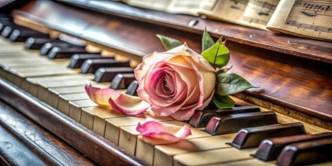 A delicate rose petal rests on the keyboard of an old upright piano, with notes paper scattered...