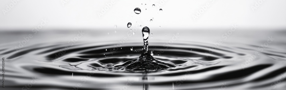 Poster monochromatic black and white rippling water reflecting droplets and concentric circles in a tranqui