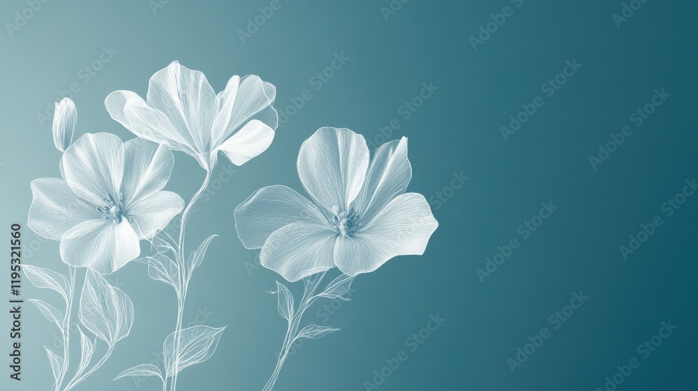 Poster soft white floral sketches on a calming blue background create an elegant and minimalistic atmospher
