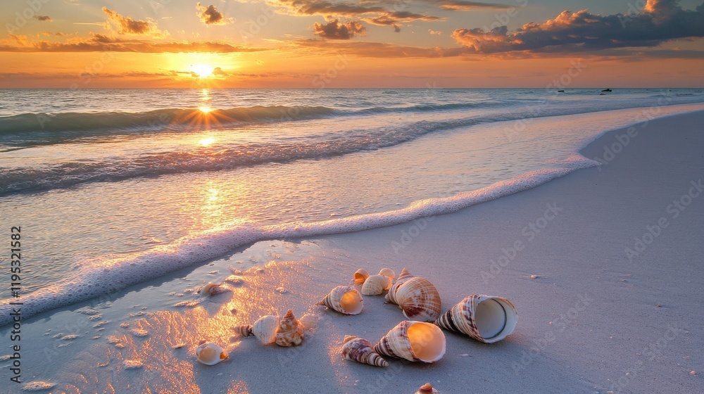 Poster serene beach at sunrise with shells lining the shore and gentle waves lapping the sandy coast