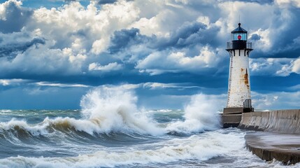 Obraz premium Lighthouse stands resilient against crashing waves under a dramatic sky