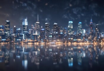 Fototapeta premium Soft cityscape lights blend with abstract circular bokeh on a deep blue background creating a mesmerizing visual effect, cityscape, soft focus, city blurring
