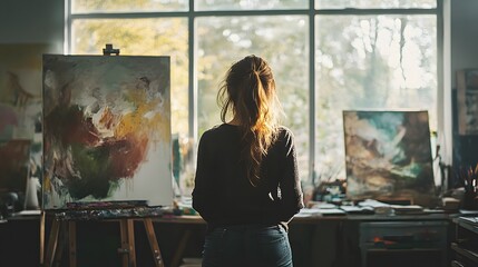 Artist Contemplates Abstract Paintings In Studio Sunlight