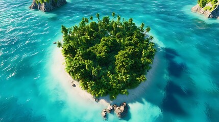 A tropical island surrounded by crystal-clear turquoise waters with lush greenery in the center