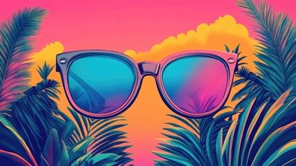 Fashionable and vibrant sunglasses peeking through tropical palm trees, symbolizing a fun and stylish summer vacation.
