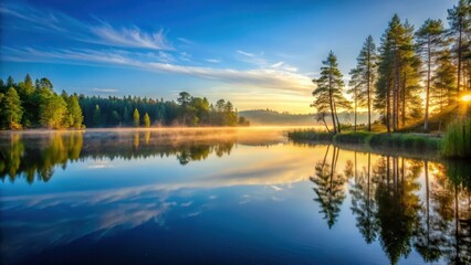 Obraz premium A serene lake at sunrise, surrounded by tall trees and a clear blue sky, with a few wispy clouds in the distance , lake