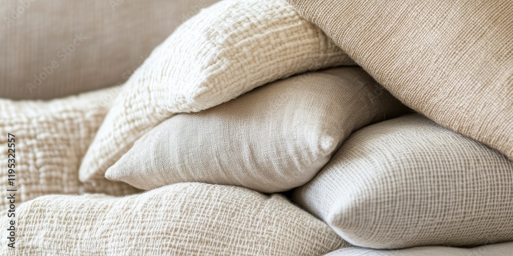 Poster textured linen pillows piled together in a cozy living room setting with muted tones and a soft atmo