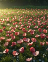 Softly glowing rose petals on a lush green meadow at dawn,  wildflowers,  flowers,  nature