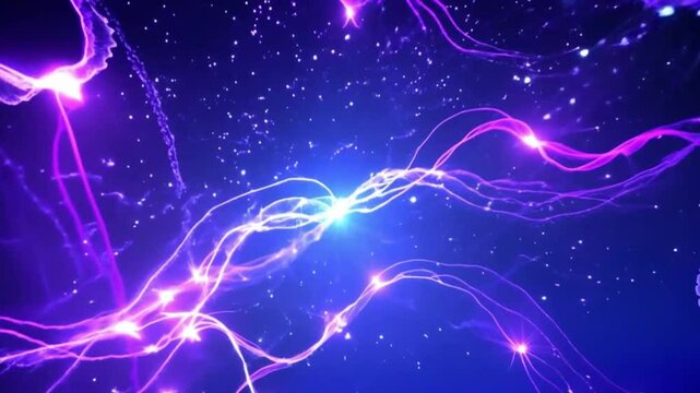 Cosmic Energy Stream with Glowing Purple and Pink Particles &ndash; Flowing Light Trails and Bioluminescent Jellyfish Tentacles in a Mystical Starry Night Sky.
