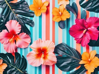 The image depicts a tropical flower wallpaper with pink flowers, blue leaves, and a vivid floral pattern. It has a summery feel and is perfect for creating a beach or island-themed atmosphere.