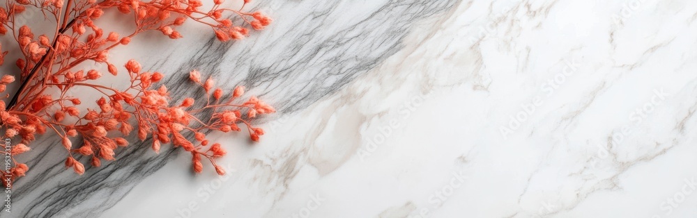 Poster elegant coral and gray contrast displayed through decorative botanical arrangement on marble surface