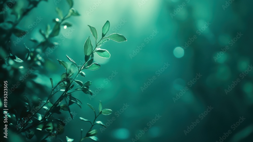 Poster cool-toned bokeh lights blend with emerald green leaves in a serene natural setting