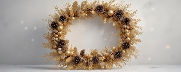 Sparkling gold wreath on a frosty white surface adorned with frosty berries and pinecones,  holiday decor,  snowy white, golden christmas