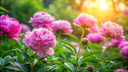 Delicate pink peonies blooming in a lush green garden amidst vibrant foliage and sunlight filtering through the leaves, nature